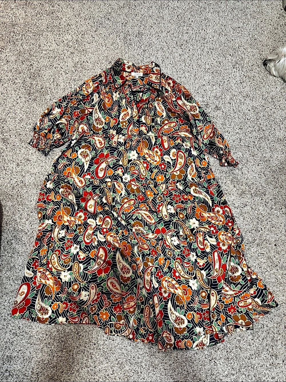 Umgee Multi Satin Paisley Ruffle Trim Tiered A-Line Midi Dress Blue & Orange M